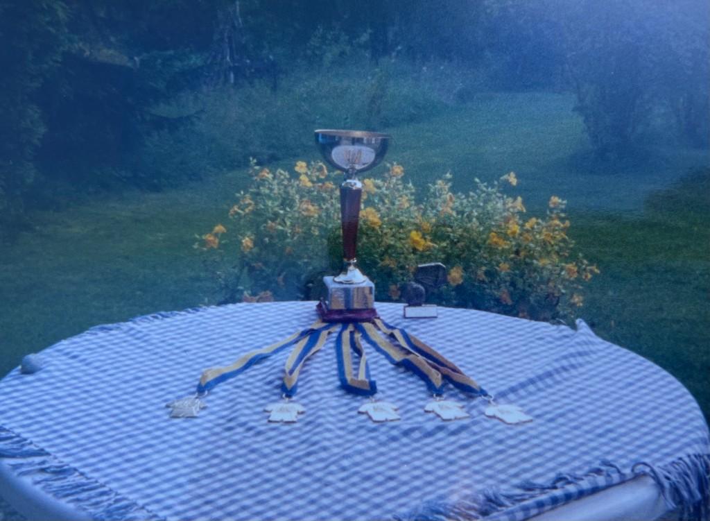 Pokalen och medaljerna uppdukade på ett bord